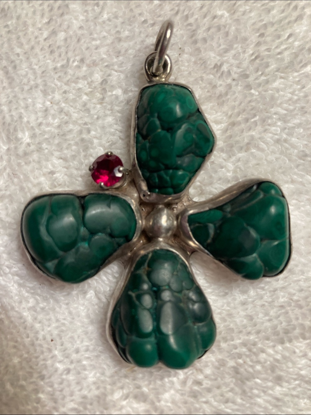 Vintage Green Malachite Floral Pendant Necklace with Pink Accent